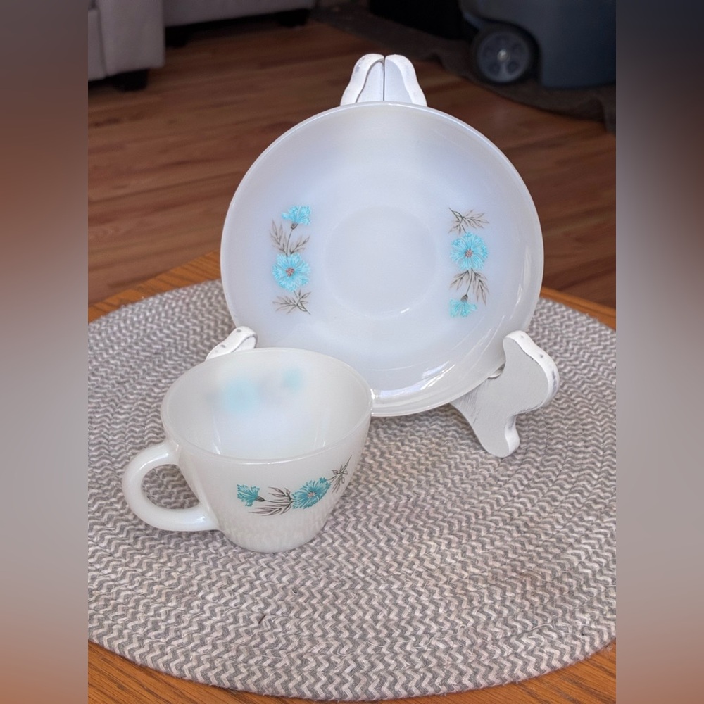 Fire King White Ovenware tea cup‎ and Plate blue carnation design